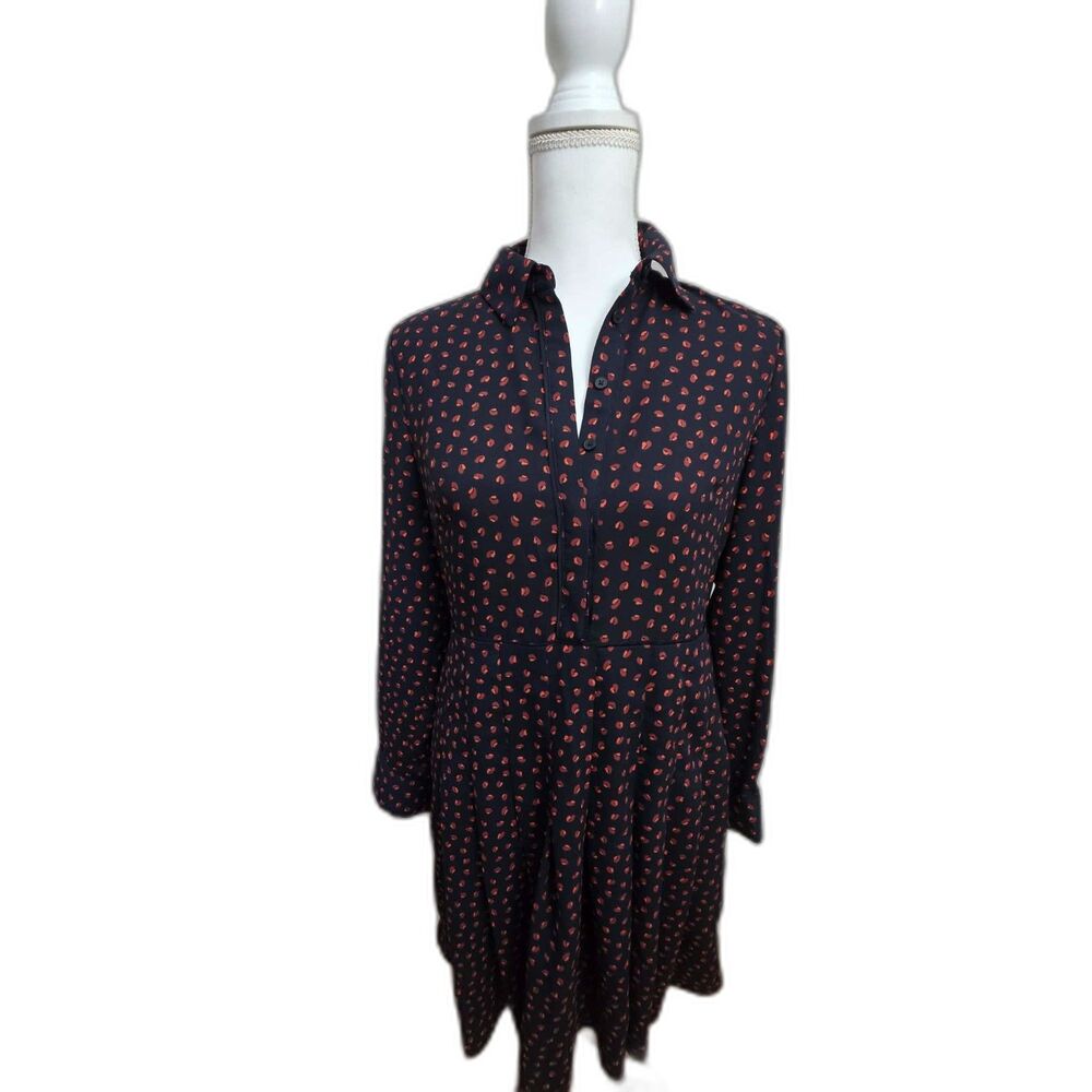 Ann Taylor Petite 8P Navy Red Print Fit & Flare Collared Shirtdress Long Sleeve